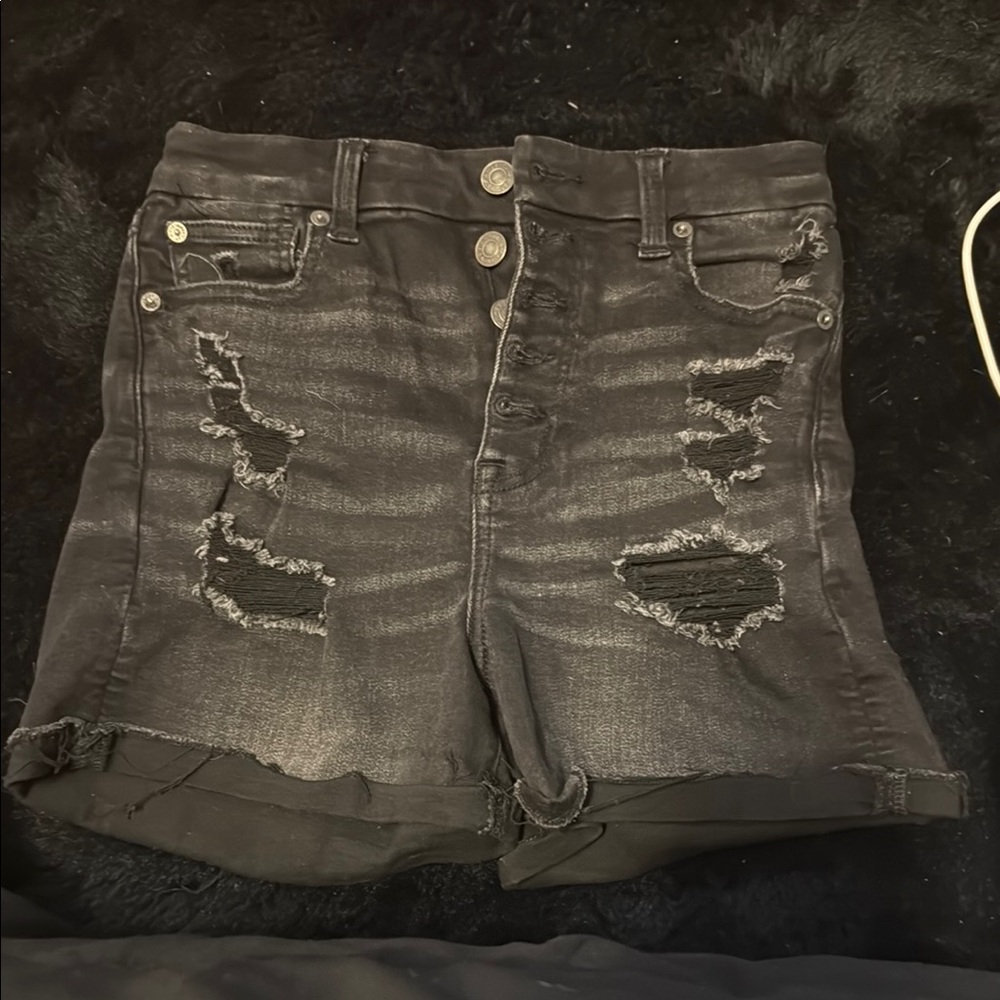Distressed Black Denim Shorts